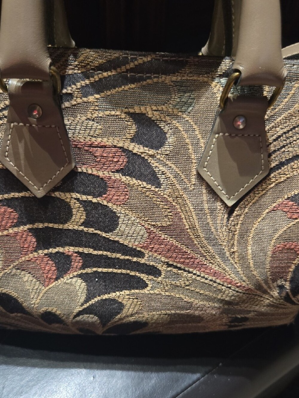 French~Tapestry Pattern Satchel Handbag in Tan and Black - Picture 3 of 7